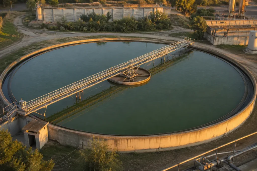 Tanque circular de decantação de estação de tratamento de efluentes ao fim da tarde