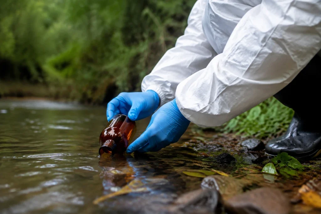 Coleta de amostra de água em frasco âmbar à margem de curso de água com vegetação