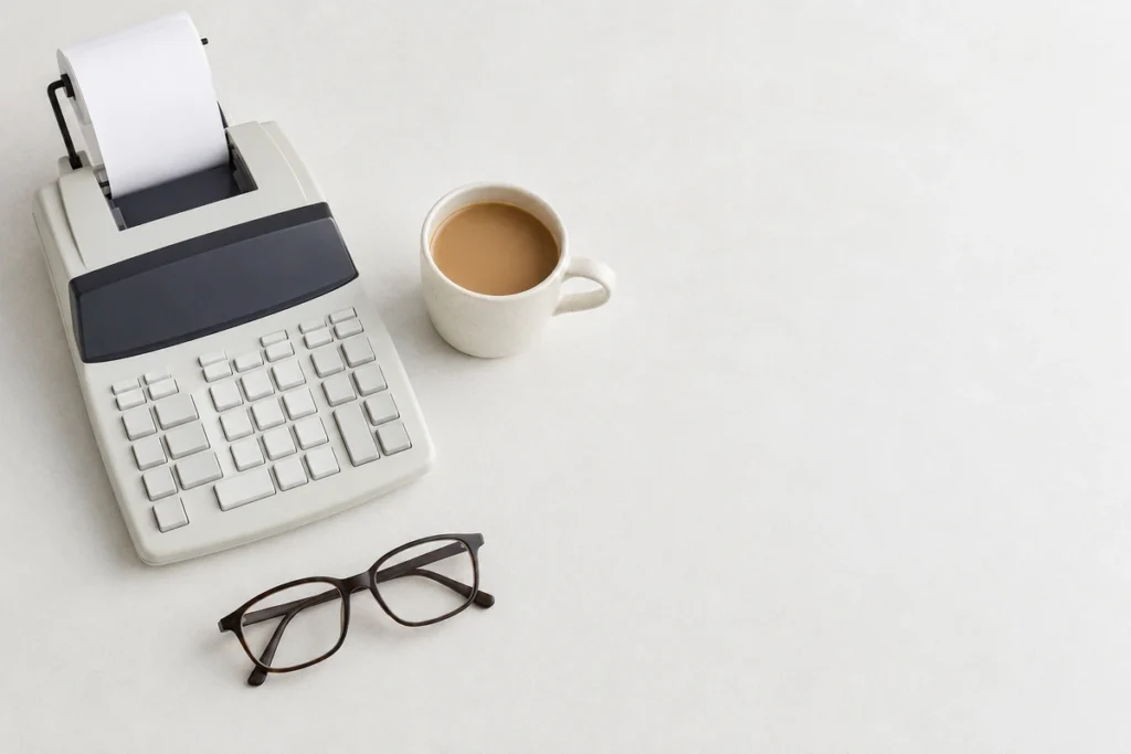 Mesa de trabalho vista de cima com calculadora de bobina, óculos e xícara de café
