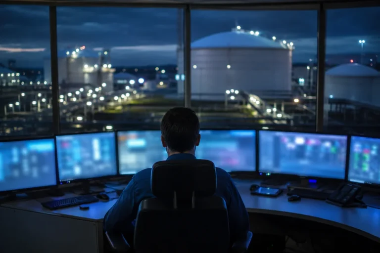Operador de costas em sala de controle de terminal, telas desfocadas ao fundo.