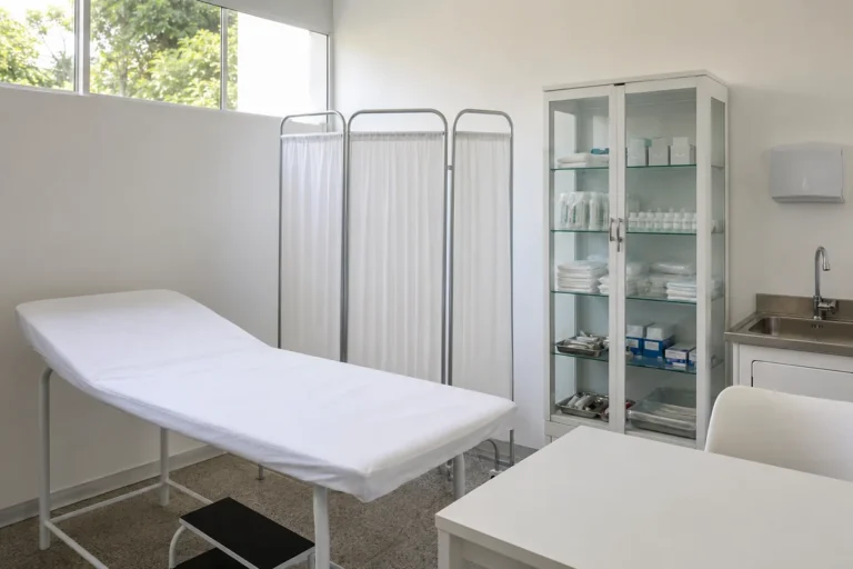 Ambulatório de empresa limpo e organizado, com maca e armário de insumos.