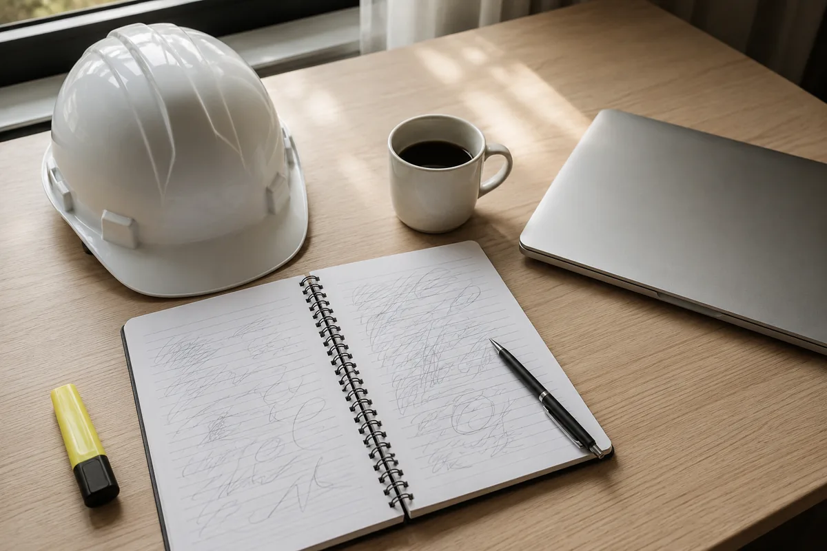 Mesa de estudo vista de cima com caderno aberto, caneta, marca-texto, café e capacete de segurança ao lado.