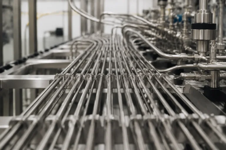 Malha de tubing de instrumentação em aço inox correndo ao longo de um skid industrial.