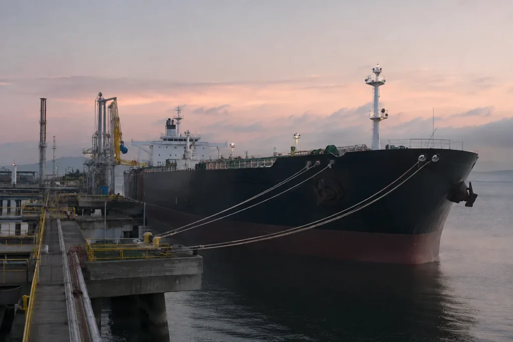 Navio-tanque atracado em terminal marítimo visto do píer ao amanhecer.