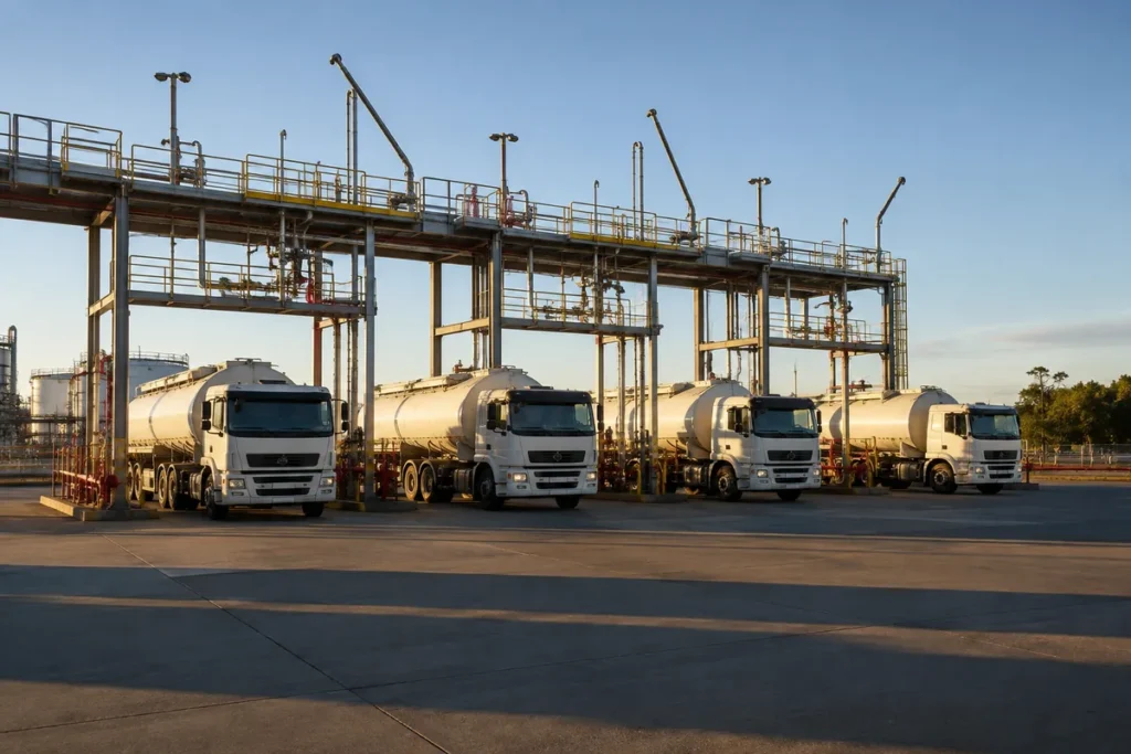 Pátio de carregamento com caminhões-tanque alinhados sob plataforma de operação.