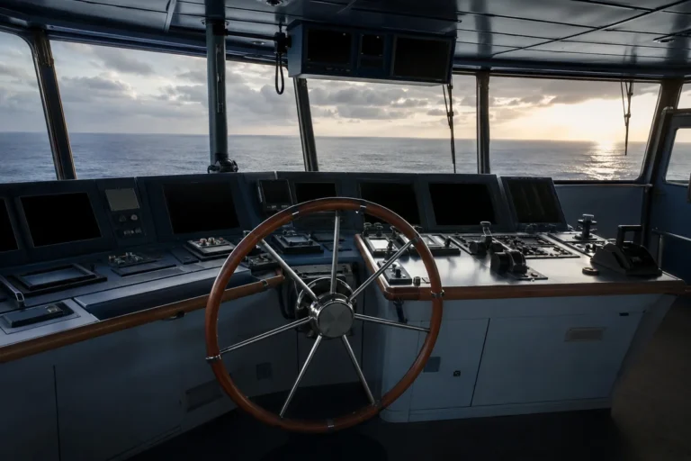 Passadiço de navio com timão e janelas panorâmicas voltadas para o mar.