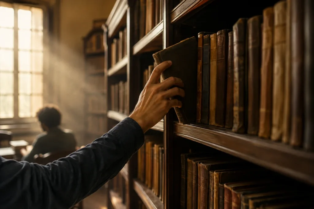 Mão retirando um livro de uma estante de biblioteca pública iluminada por janela alta.