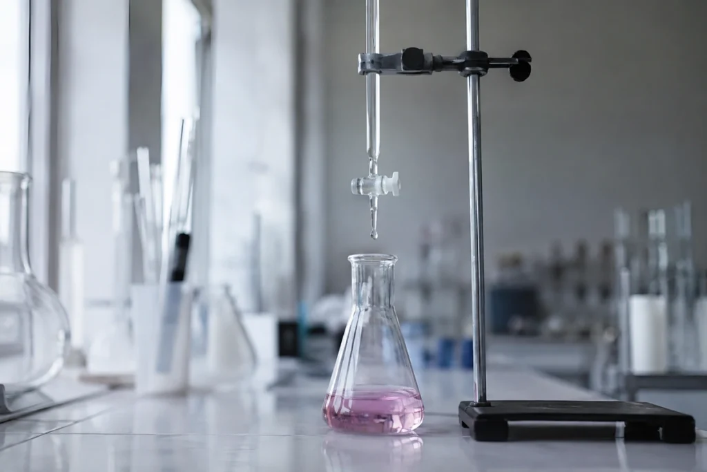 Bureta graduada gotejando sobre erlenmeyer com solução rosada em bancada de laboratório