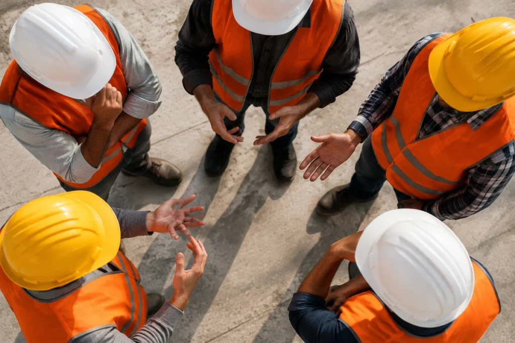 Cinco trabalhadores de capacete e colete refletivo em roda de conversa no canteiro, vistos de cima