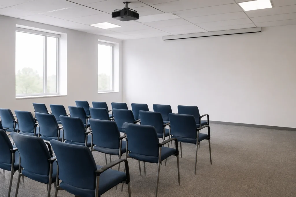 Sala de treinamento vazia com cadeiras azuis em fileiras, projetor de teto e tela recolhida