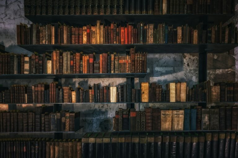 Estantes de madeira repletas de livros em biblioteca