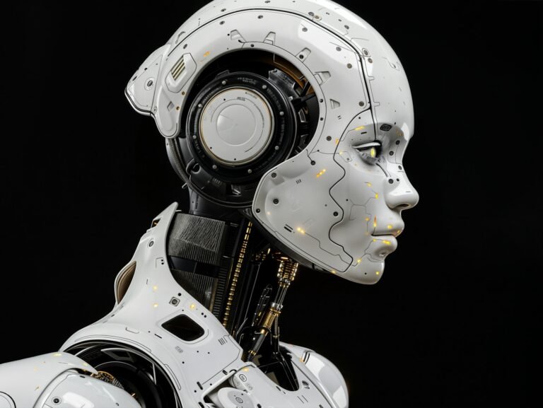 Rosto de robô humanoide branco em fundo escuro