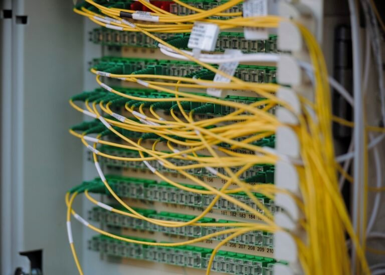 Cabos de fibra óptica organizados em rack de rede