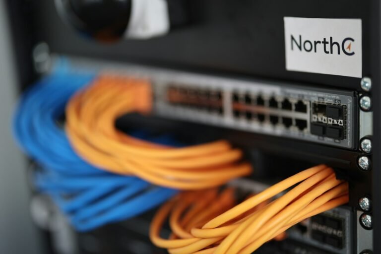 Patch panel e cabos de rede em rack de servidores