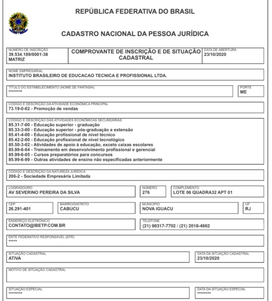 Cartão CNPJ do IBETP — Instituto Brasileiro de Educação Técnica e Profissional Ltda., CNPJ 39.534.189/0001-38, aberto em 23/10/2020, situação cadastral ativa